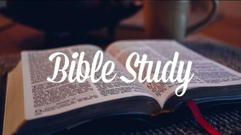 "Bible Study" with picture of an open Bible in the background
